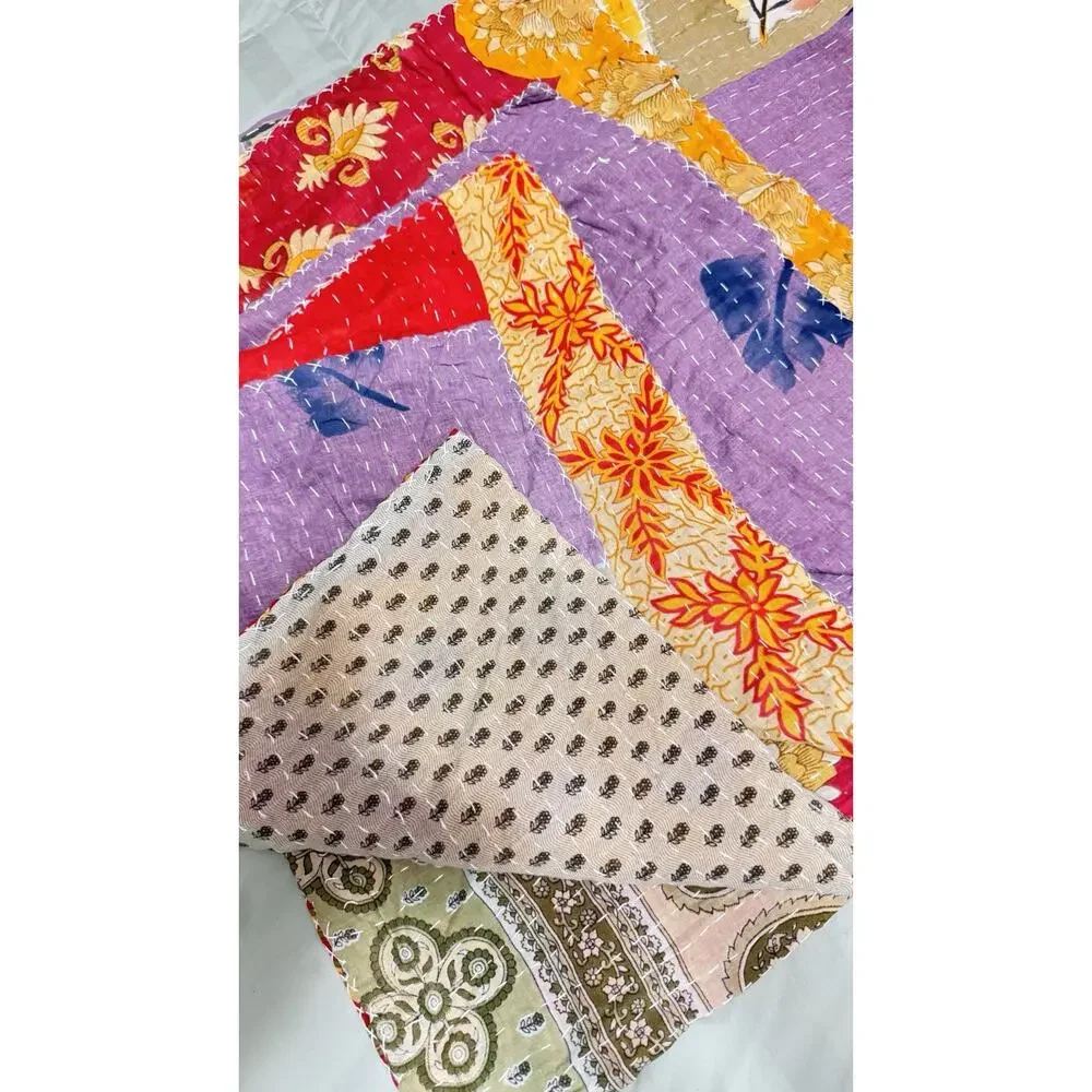 Bedding Handmade Floral Print King Size Bedspread Cotton Kantha Quilt 80 X102